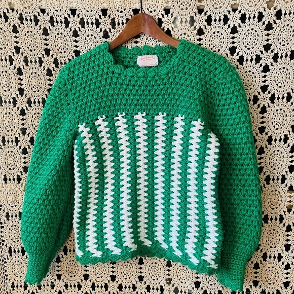 Vintage Sweaters - Vintage Hand Knit Crochet Kelly Green And White Jean L. Johnson Sweater S